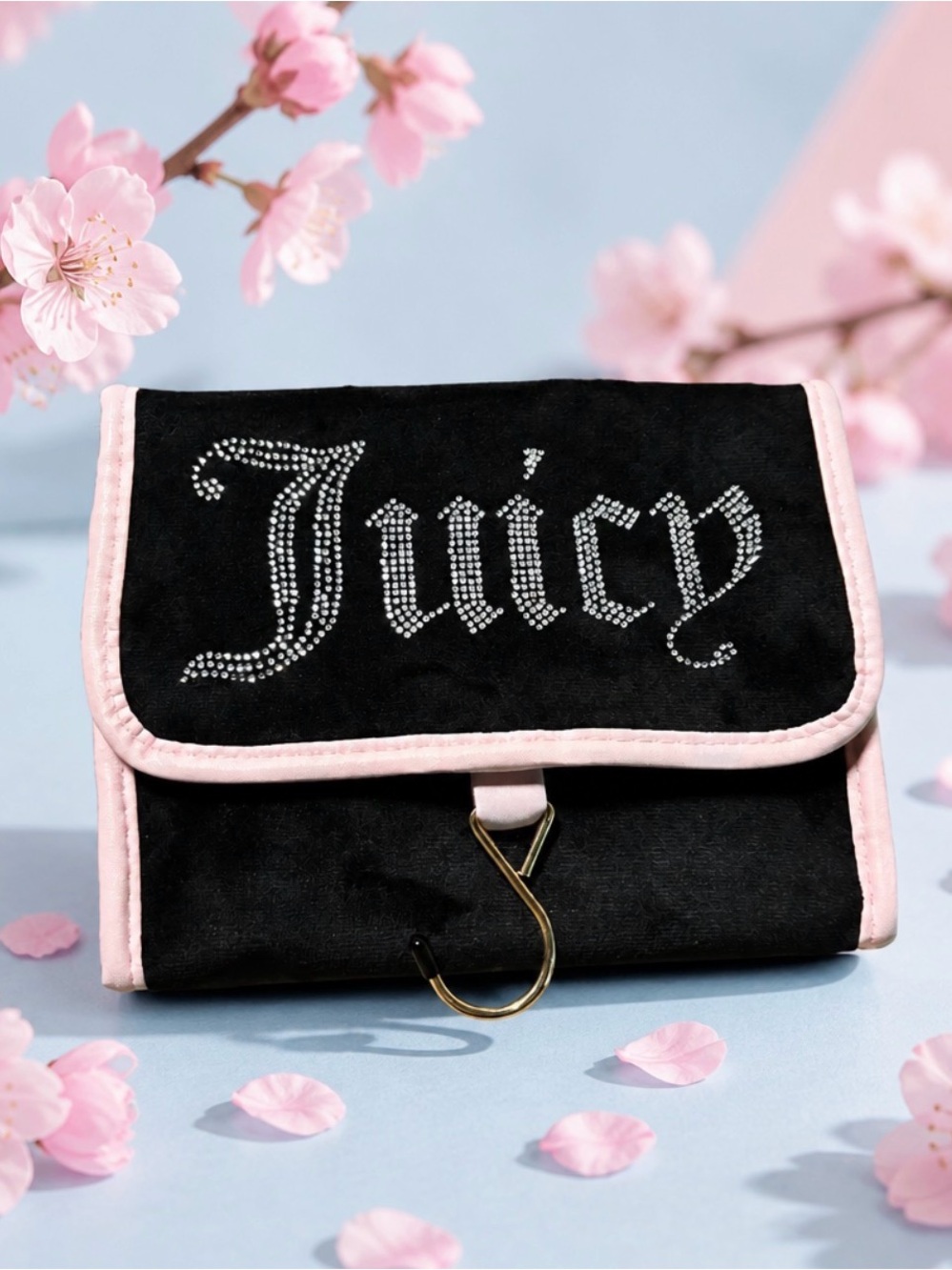 Juicy Couture Black and Pink Rhinestone 'Juicy' Travel Cosmetic Bag